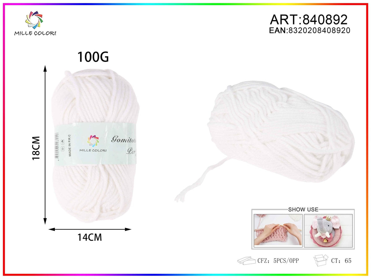 Gomitolo di filato 100G bianco Mille Colori per maglia e uncinetto