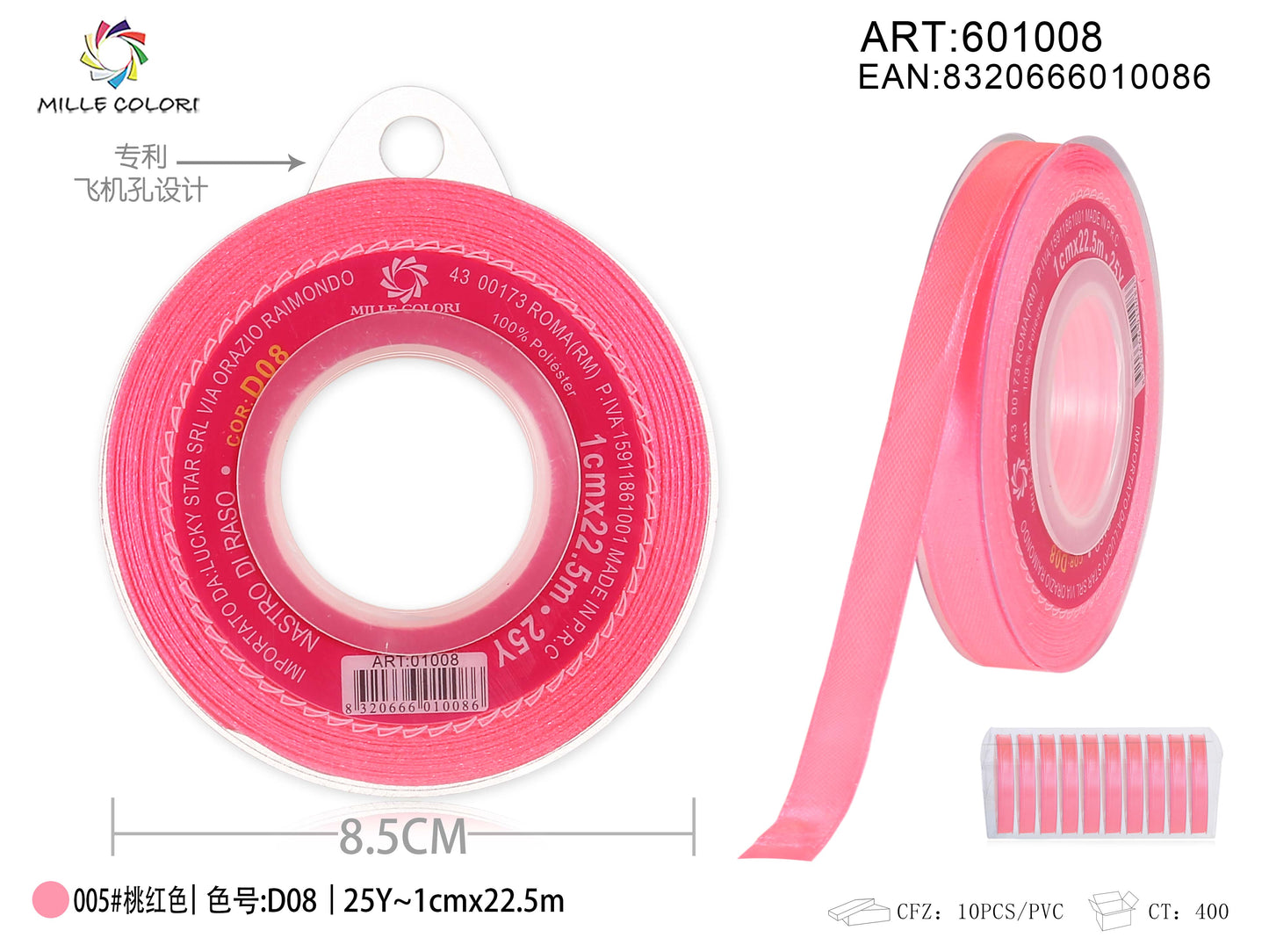 nastro di raso rosa pesca 1.0cm mille colori