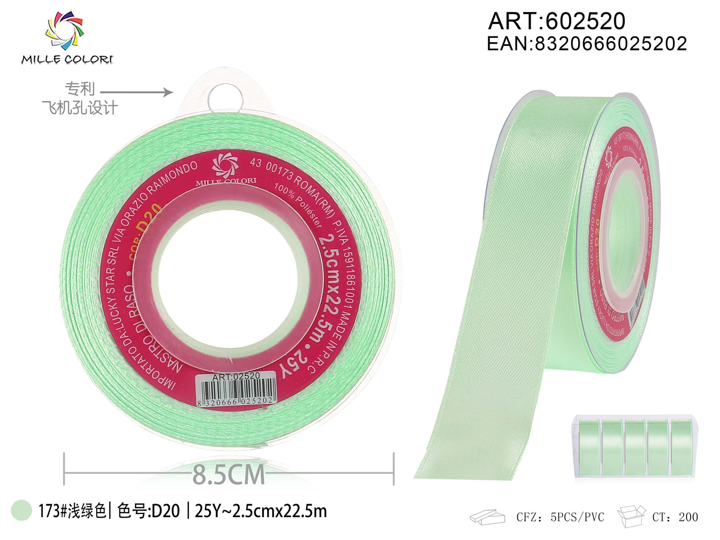 nastro di raso verde menta 2.5cm mille colori