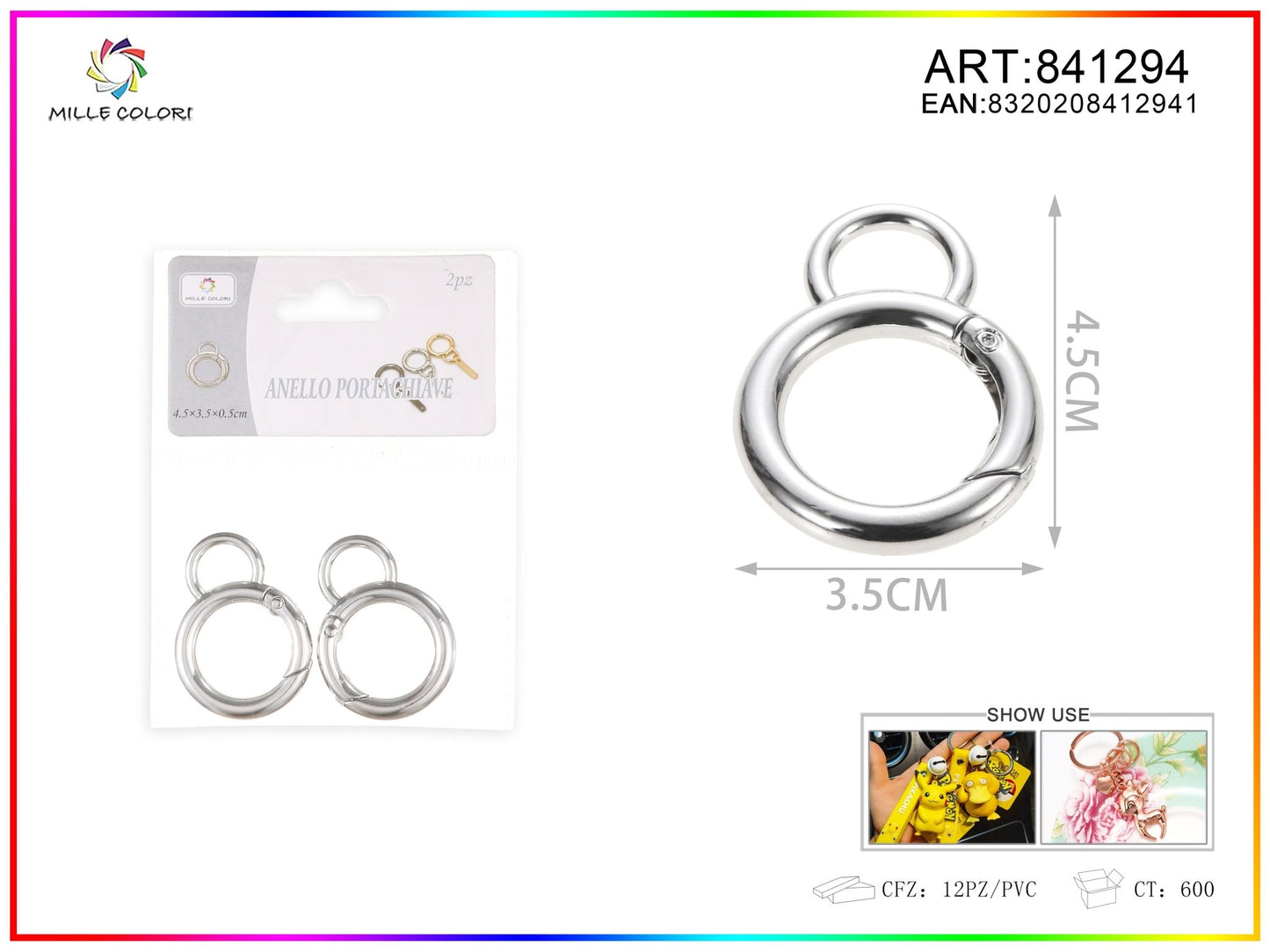 Anello portachiavi a molla tondo 2 pezzi Mille Colori 4.5x3.5cm argento