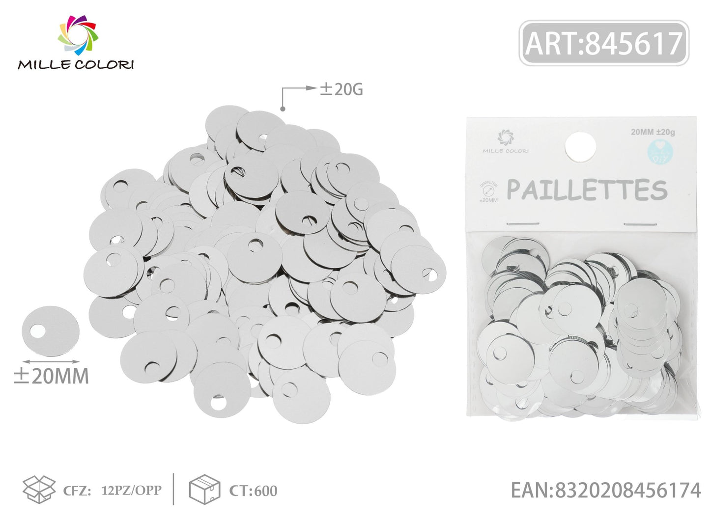PAILLETTES D 20MM FORO 5MM 20G ARGENTO - WE MAKE DIY - MILLE COLORI