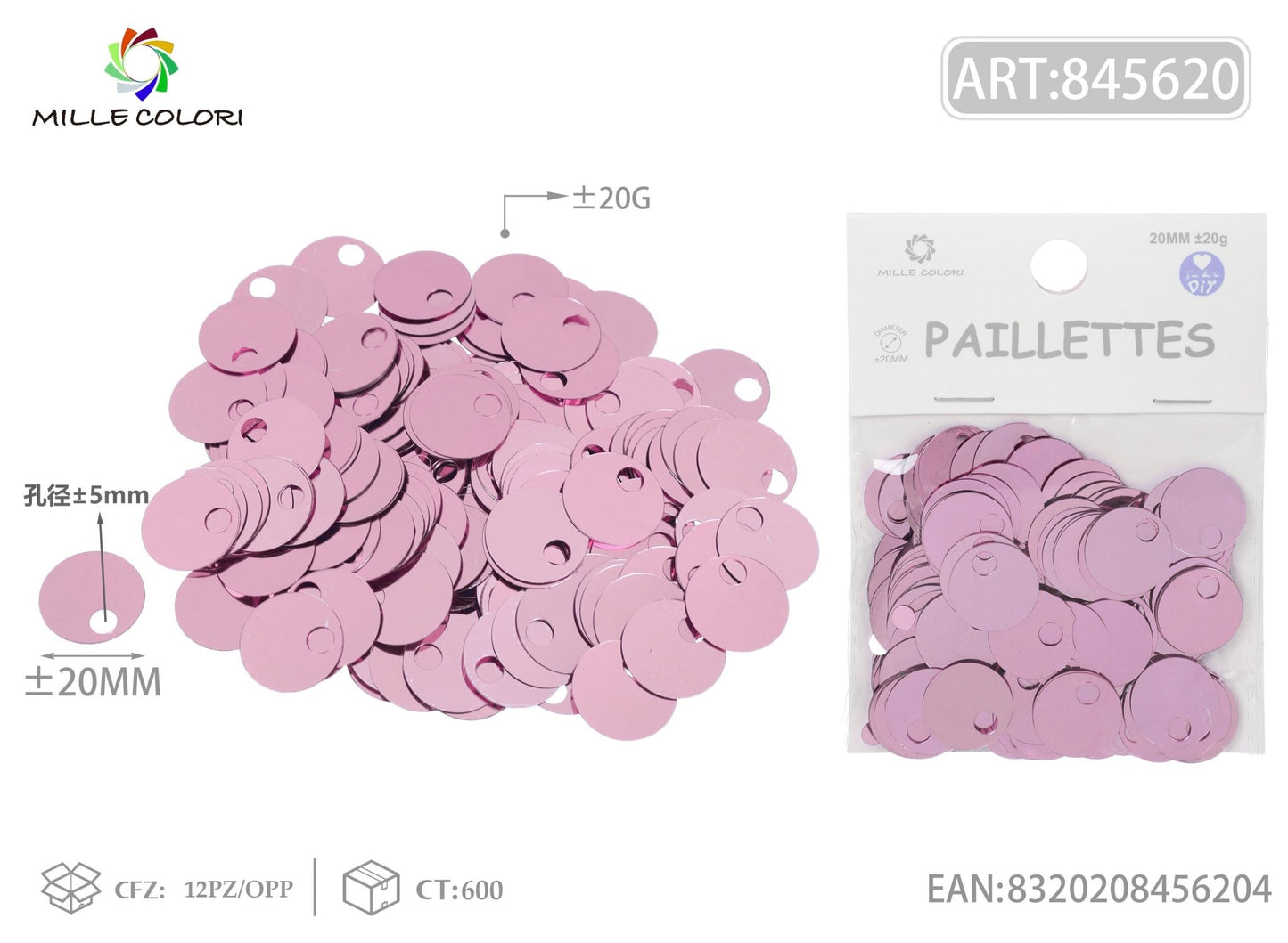 PAILLETTES D 20MM FORO 5MM 20G ROSA CHIARO - WE MAKE DIY - MILLE COLORI