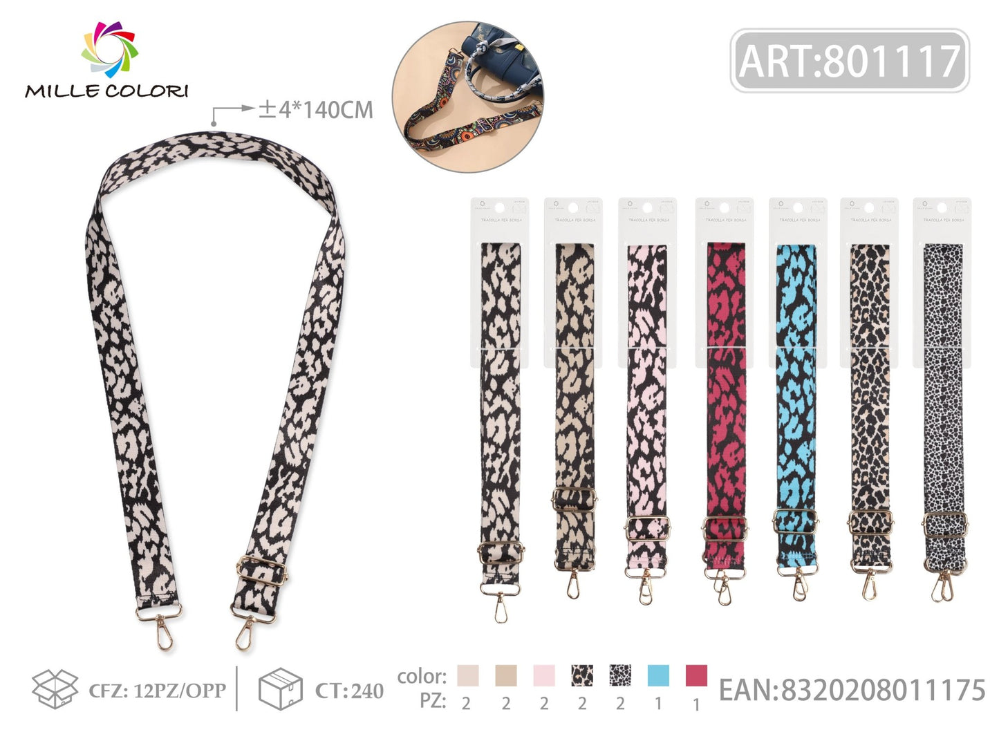 Tracolla regolabile per borsa animalier leopardata 140CM 4CM Mille Colori tutti colori