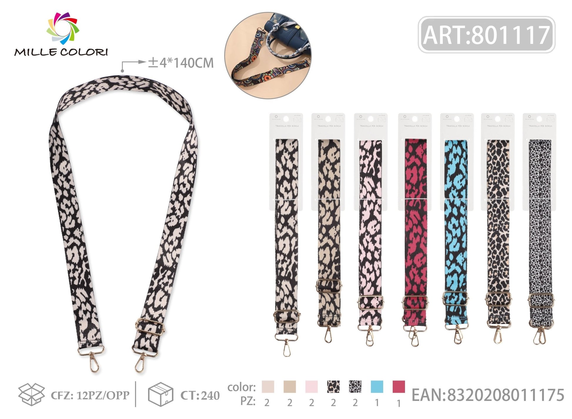 Tracolla regolabile per borsa animalier leopardata 140CM 4CM Mille Colori tutti colori
