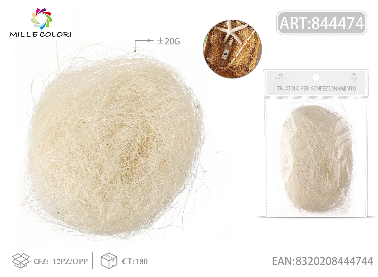 Trucioli di Sisal 20g Bianco Mille Colori per confezioni e decorazioni