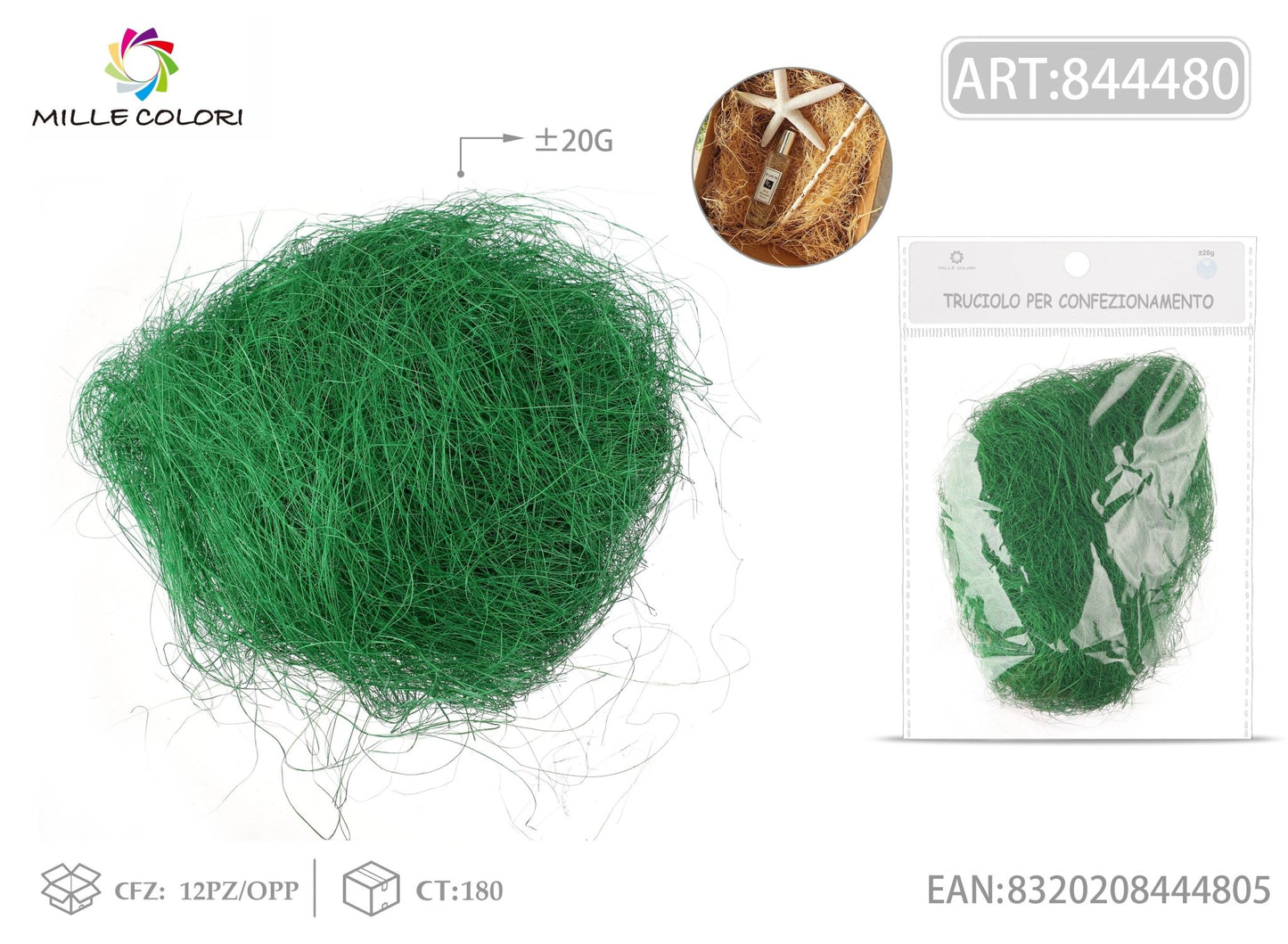 Trucioli di Sisal 20g Verde Mille Colori per confezioni e decorazioni